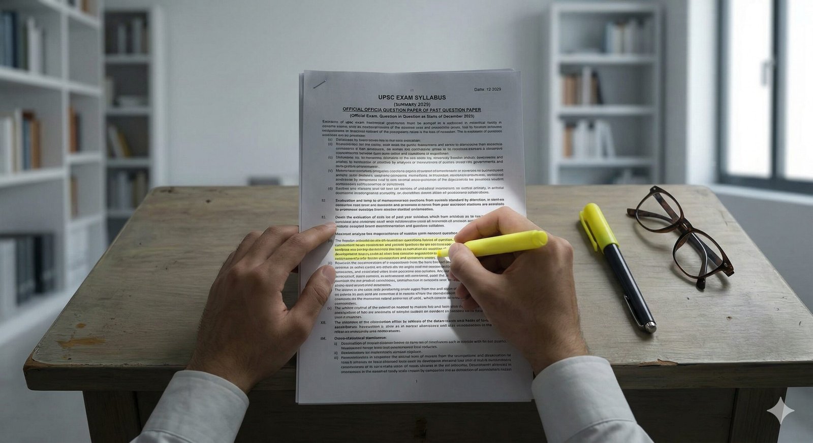 Minimalist top-down view of a student highlighting a printed exam paper