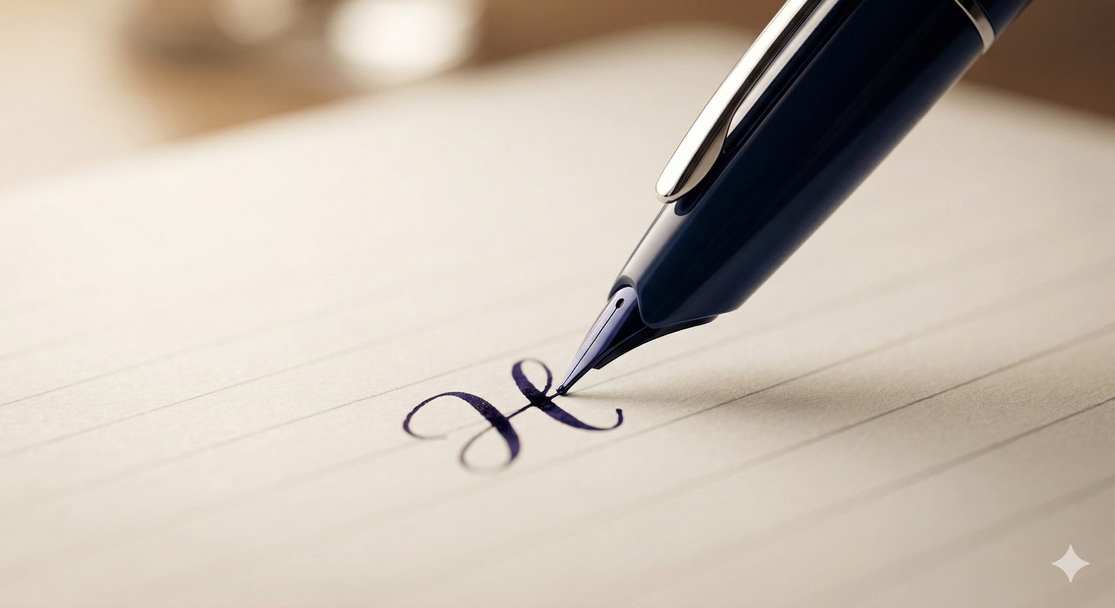 Close up of a fountain pen writing elegantly on structured paper