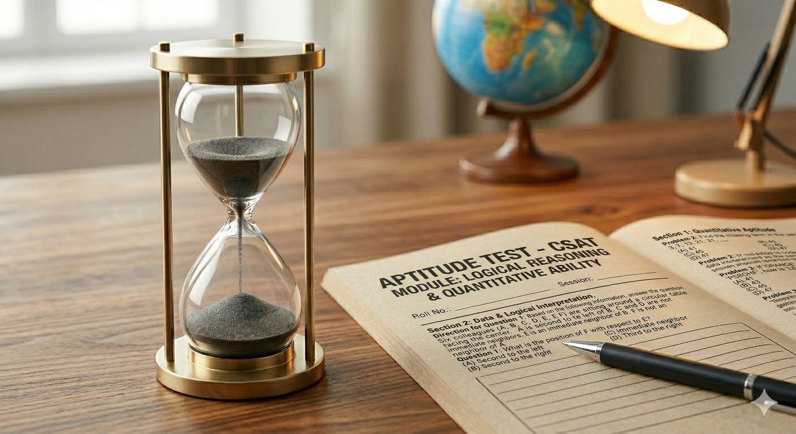 Sleek hourglass with sand falling next to an exam booklet