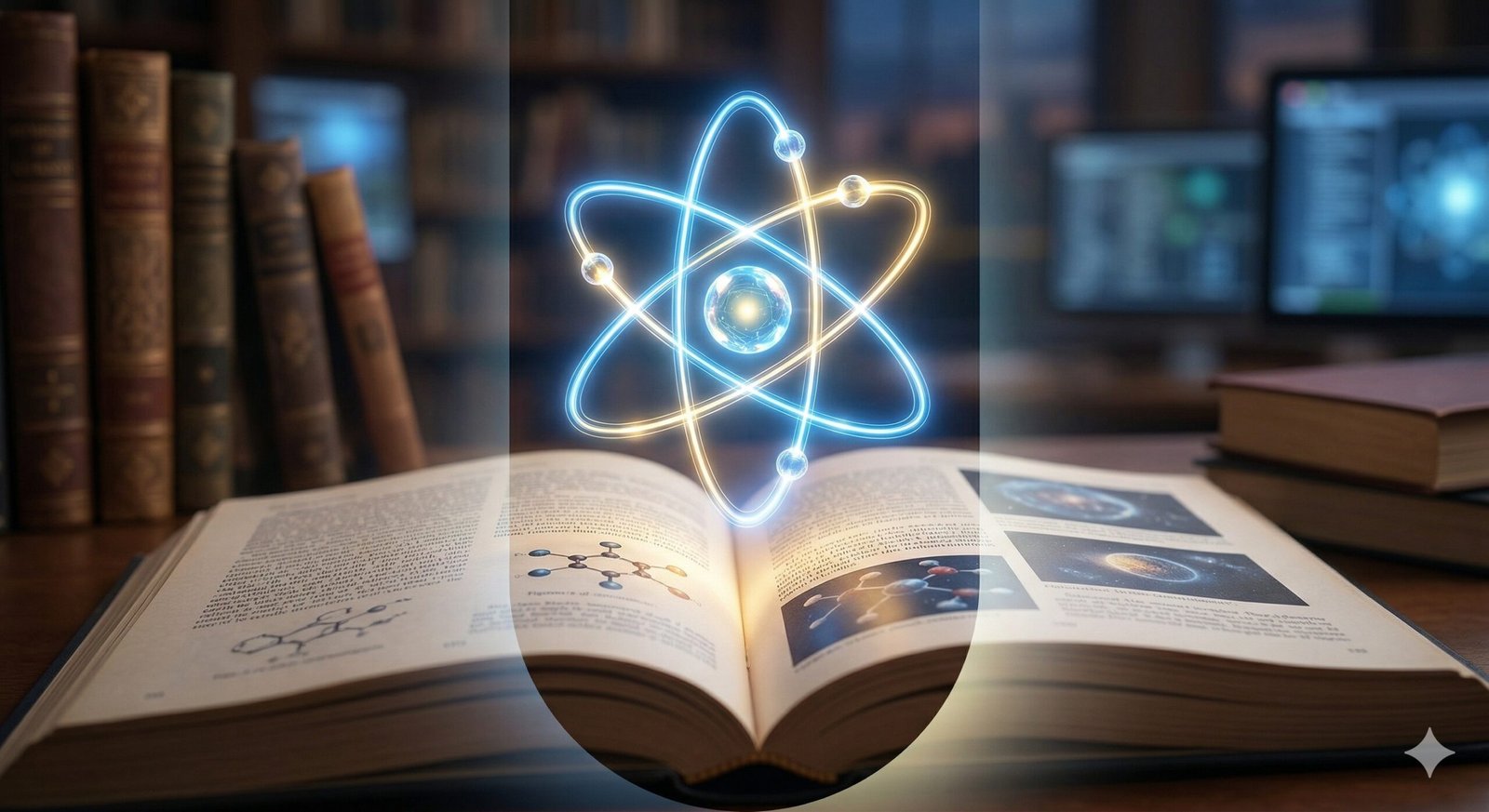 Glowing digital atom overlaying an open textbook
